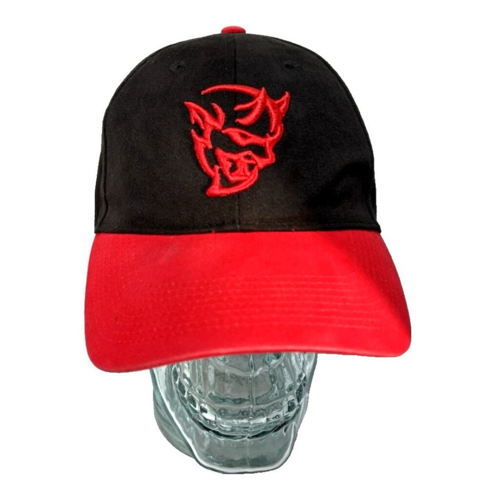 Black and Red Dodge Demon Logo Adjustable Baseball Hat GUC Brim Has Spot As Is